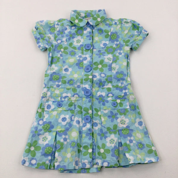 Flowers Blue & Green Short Sleeve Dress - Girls 2-3 Years