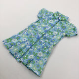 Flowers Blue & Green Short Sleeve Dress - Girls 2-3 Years