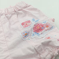 Flowers Appliqued Pink Cotton Shorts - Girls 3-6 Months