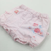 Flowers Appliqued Pink Cotton Shorts - Girls 3-6 Months