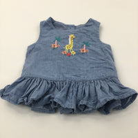 Giraffe & Palm Trees Blue Cotton Sleeveless Tunic Blouse - Girls 6-9 Months