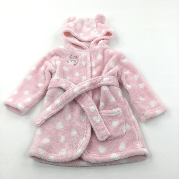 'Pretty Little Girl' Hearts Pink & White Dressing Gown with Hood & Ears - Girls 6-9 Months
