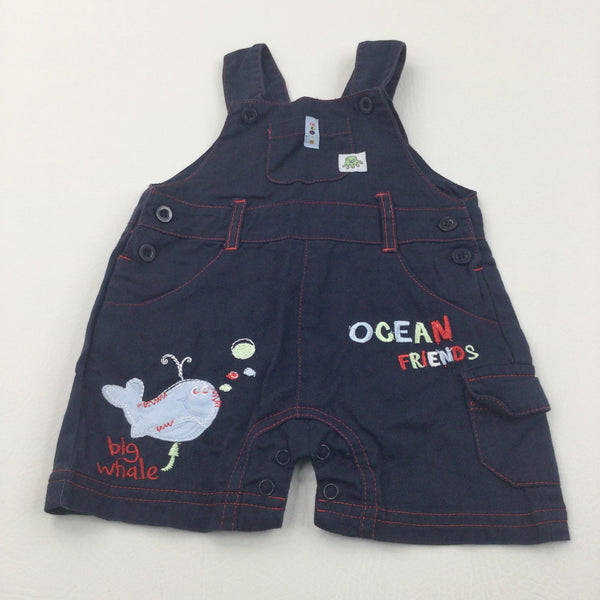 'Ocean Friends' Whale Embroidered Navy Cotton Twill Short Dungarees - Boys 6-9 Months