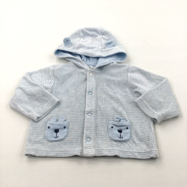 Bear Pockets Pale Blue & White Striped Lightweight Velour Popper Up Hoodie with Ears - Boys 6-9 Months