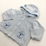 Bear Pockets Pale Blue & White Striped Lightweight Velour Popper Up Hoodie with Ears - Boys 6-9 Months
