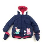 Peppa Pig Appliqued Navy Thick Coat With Gloves - Girls 2-3 Years