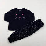 Cat Embroidered Black & Pink Pyjamas - Girls 2-3 Years