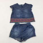Colourful Embroidered Blue Short Sleeve & Shorts Set - Girls 3-4 Years