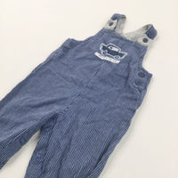 'Catch Me If You Can' Car Appliqued Blue & White Striped Cotton & Jersey Dungarees - Boys 3-6 Months