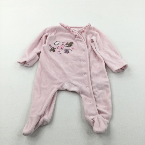 Animals Embroidered Pink Velour Babygrow with Integrated Mitts - Girls 0-3 Months