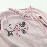 Animals Embroidered Pink Velour Babygrow with Integrated Mitts - Girls 0-3 Months