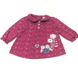 Owl & Flowers Embroidered & Appliqued Dark Pink Long Sleeve Jersey Dress with Collar  - Girls Newborn