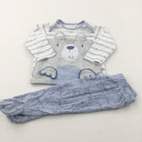 Bear Face Appliqued Blue, Grey & White Pyjamas - Boys 3-6 Months