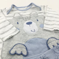 Bear Face Appliqued Blue, Grey & White Pyjamas - Boys 3-6 Months