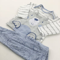 Bear Face Appliqued Blue, Grey & White Pyjamas - Boys 3-6 Months