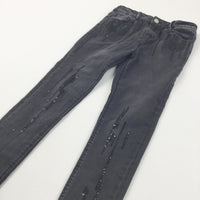 Sequins Black Denim Skinny Jeans with Adjustable Waistband - Girls 9-10 Years