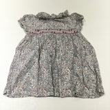 Lilac Flowers Embroiedred Cream Cotton Dress With Frilly Neckline - Girls 12-18 Months