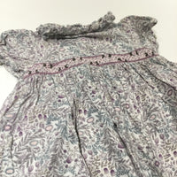 Lilac Flowers Embroiedred Cream Cotton Dress With Frilly Neckline - Girls 12-18 Months