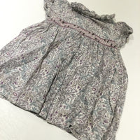 Lilac Flowers Embroiedred Cream Cotton Dress With Frilly Neckline - Girls 12-18 Months