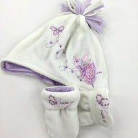 Fairy White & Purple Hat & Mitts - Girls 0-3 Months