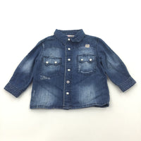 Mid Blue Denim Effect Long Sleeve Shirt with Pearly Buttons - Boys 3-6 Months