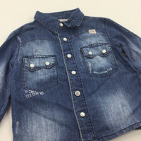 Mid Blue Denim Effect Long Sleeve Shirt with Pearly Buttons - Boys 3-6 Months