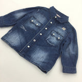 Mid Blue Denim Effect Long Sleeve Shirt with Pearly Buttons - Boys 3-6 Months