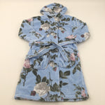 Flowers Blue, Green & Pink Fluffy Fleece Dressing Gown with Hood - Girls 9-10 Years