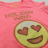 'Holiday (Yay)' Emoji Face Neon Pink T-Shirt - Girls 9-10 Years