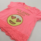 'Holiday (Yay)' Emoji Face Neon Pink T-Shirt - Girls 9-10 Years