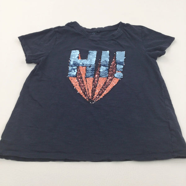 'Hi' Sequin Flip Navy T-Shirt - Girls/Boys 11 Years