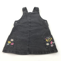 Bee & Flowers Embroidered Black Denim Dungaree Dress - Girls 18-24 Months