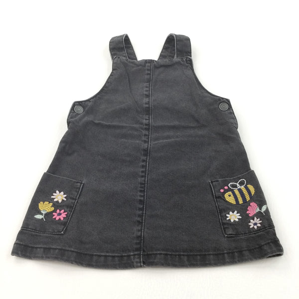 Bee & Flowers Embroidered Black Denim Dungaree Dress - Girls 18-24 Months