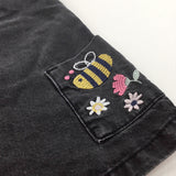 Bee & Flowers Embroidered Black Denim Dungaree Dress - Girls 18-24 Months