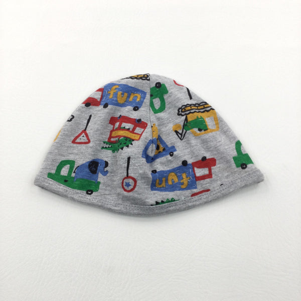 'Fun' Animals & Vehicles Colourful Grey Jersey Hat - Boys 9-12 Months