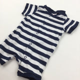 Navy & White Striped Jersey Short Romper - Boys Newborn