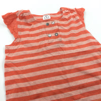 Pink & Peach Striped T-Shirt with Decorative Buttons - Girls 6-9 Months