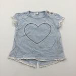 Heart Embroidered Mottled Blue T-Shirt with Split Hem On Back - Girls 6-9 Months