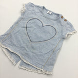 Heart Embroidered Mottled Blue T-Shirt with Split Hem On Back - Girls 6-9 Months