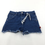 Fabric Bow Mid Blue Denim Shorts with Adjustable Waistband - Girls 7-8 Years