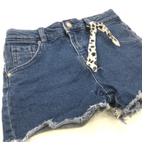 Fabric Bow Mid Blue Denim Shorts with Adjustable Waistband - Girls 7-8 Years