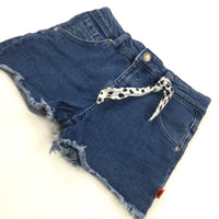 Fabric Bow Mid Blue Denim Shorts with Adjustable Waistband - Girls 7-8 Years