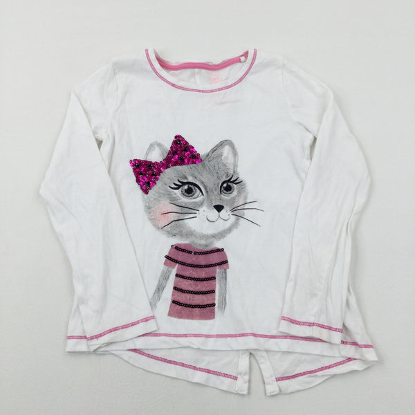 Cat Sequin White Long Sleeve Top - Girls 6-7 Years