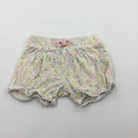 Flowery White Jersey Shorts with Lacey Trim - Girls 6-9 Months