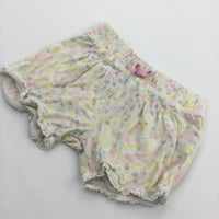 Flowery White Jersey Shorts with Lacey Trim - Girls 6-9 Months