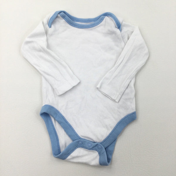 White Bodysuit with Blue Trim - Boys 3-6 Months