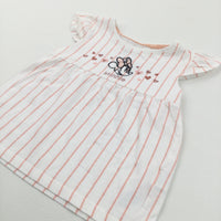 Minnie Mouse Embroidered White & Coral Pink Striped T-Shirt - Girls 2-3 Years