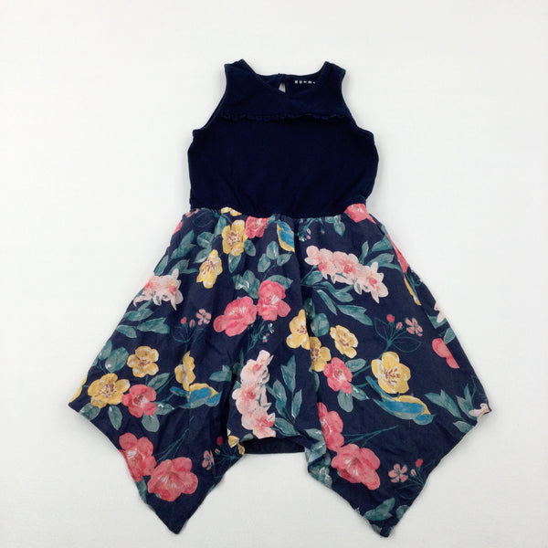 Flowers & Birds Navy Short Sleeve Dress - Girls 6-7 Years