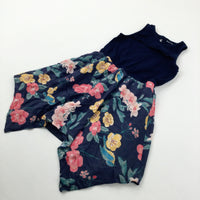 Flowers & Birds Navy Short Sleeve Dress - Girls 6-7 Years