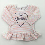 'Bonjour' Pink & White Stripe Long Sleeve Top - Girls 3-6 Months